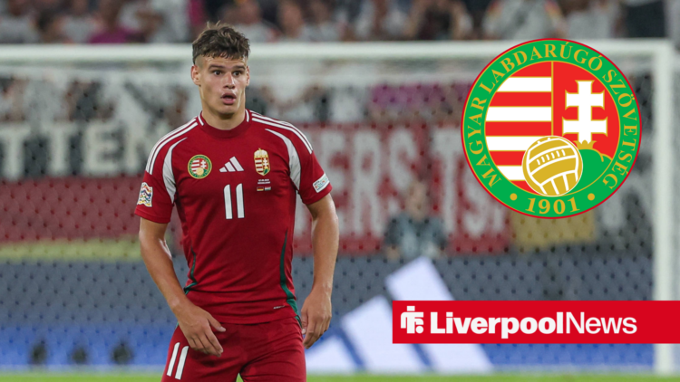 An image of Milos Kerkez playing for Hungary, next to a circular inset of the Hungary badge