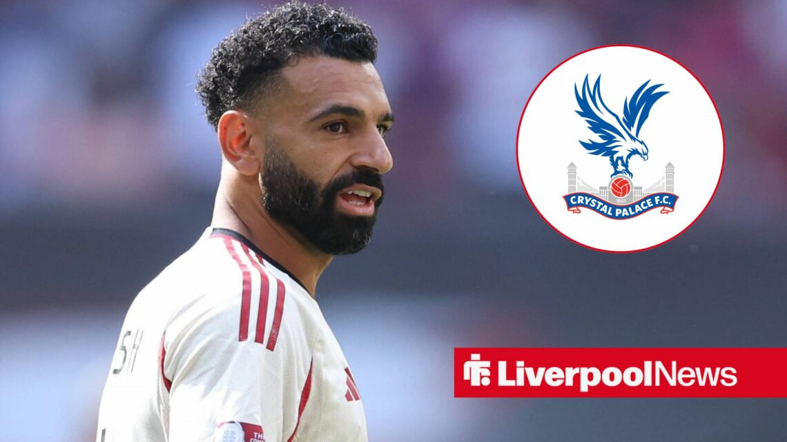 Liverpool ace Mohamed Salah in action, Crystal Palace badge in inset.