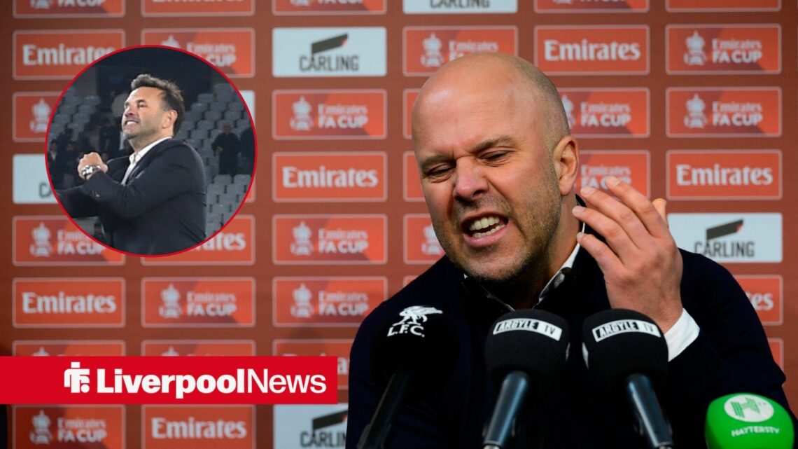 An image of Arne Slot looking annoyed, next to a circular inset of Okan Buruk celebrating as Galatasaray manager