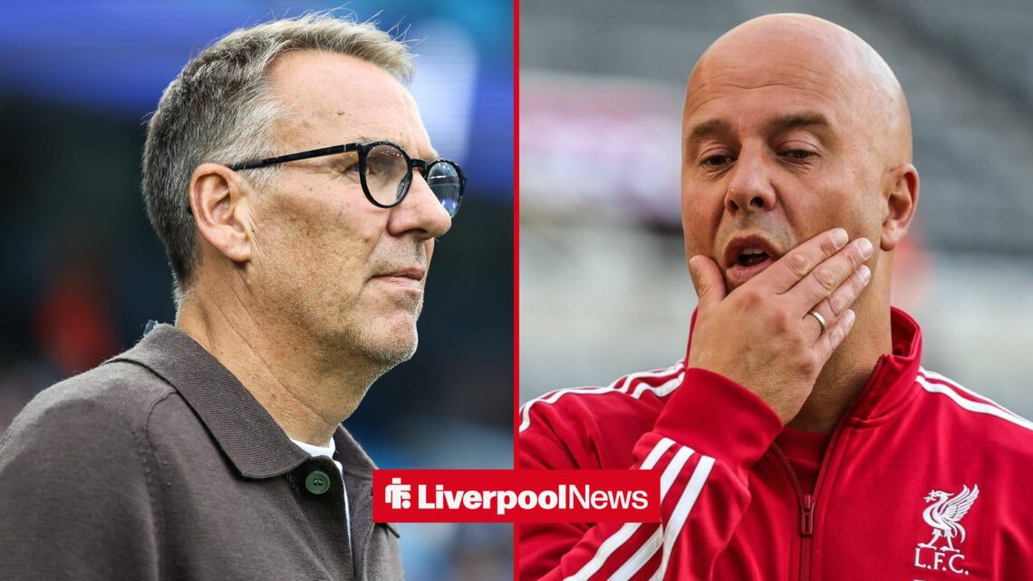 An image of Paul Merson looking on, next to an image of Arne Slot thinking