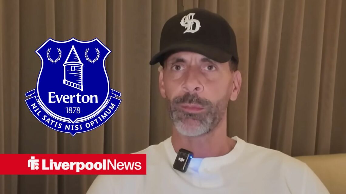 Rio Ferdinand looking shocked, Everton badge in inset.