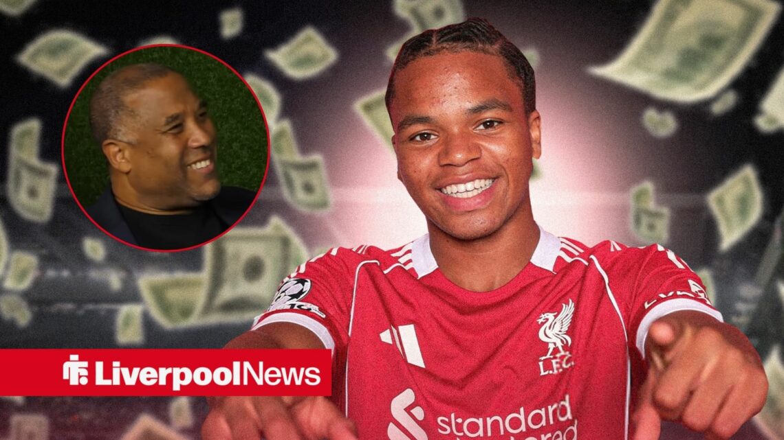 Liverpool gem Rio Ngumoha looking happy, John Barnes in inset.