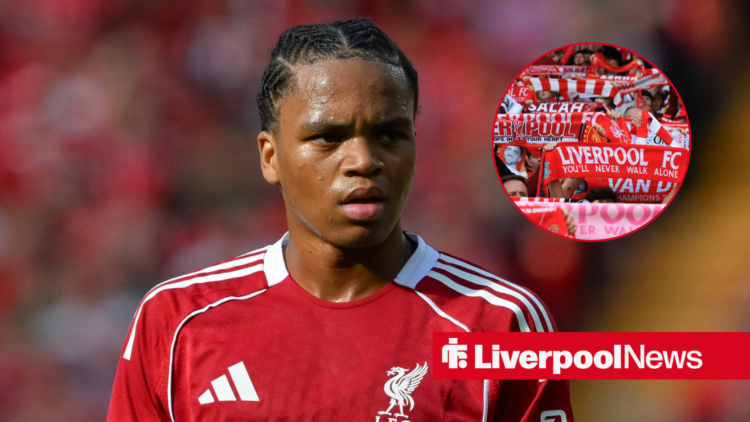 Liverpool star Rio Ngumoha, Liverpool fans at Anfield in inset.
