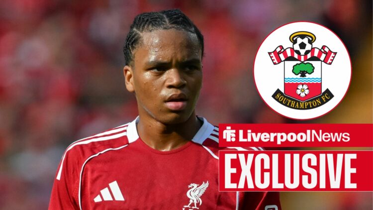 Rio Ngumoha in action for Liverpool, Southampton badge in inset.