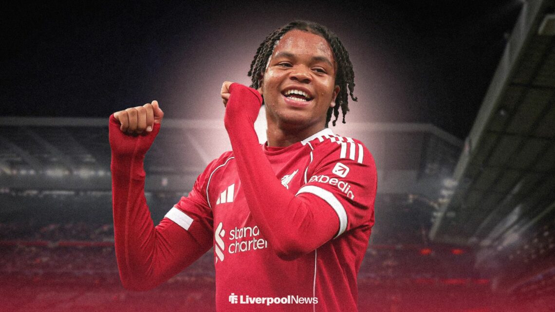 Liverpool gem Rio Ngumoha looks happy.