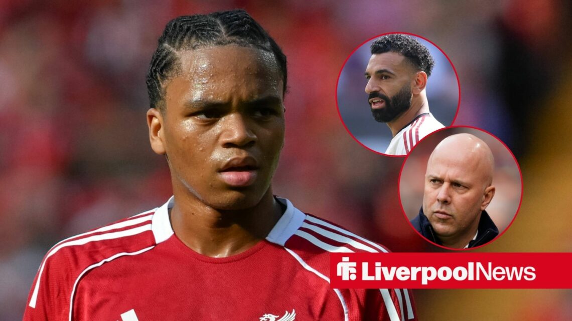 Liverpool star Rio Ngumoha in action, Mohamed Salah and Arne Slot in insets.