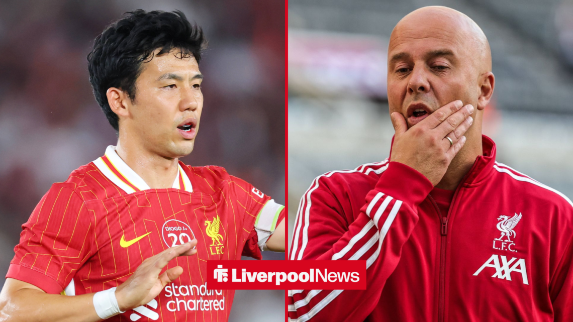 An image of Wataru Endo playing for Liverpool, next to an image of Arne Slot looking moody