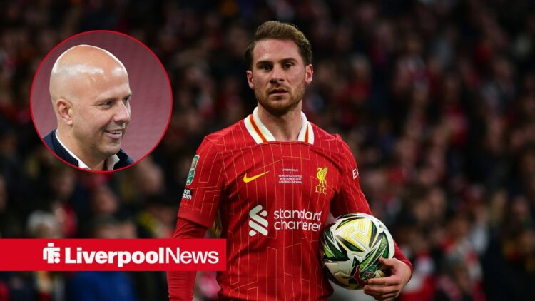 Alexis Mac Allister holds the football in action for Liverpool with Arne Slot in inset