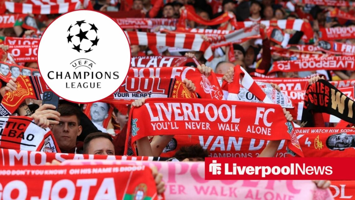 Liverpool fans holding scarfs in the background as the Champions League logo sits on the left