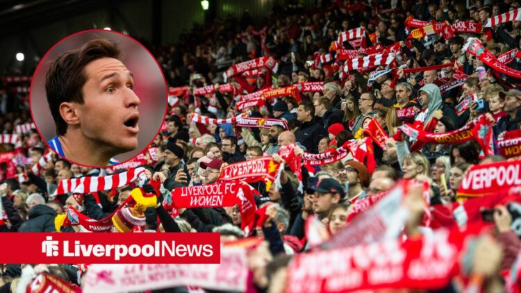 Liverpool supporters with an inset of Federico Chiesa on the left