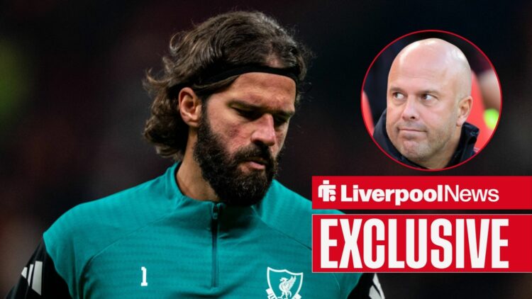 Liverpool goalkeeper Alisson looking sad, Arne Slot looking upset in inset.
