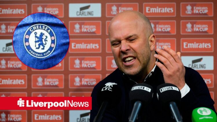 An image of Arne Slot looking angry in a press conference, next to a circular inset of a Chelsea badge