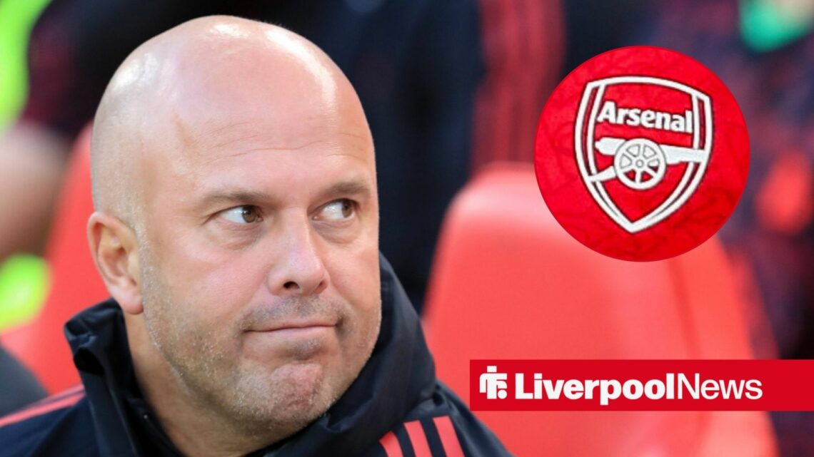 Liverpool boss Arne Slot looking miserable, Arsenal badge in inset.