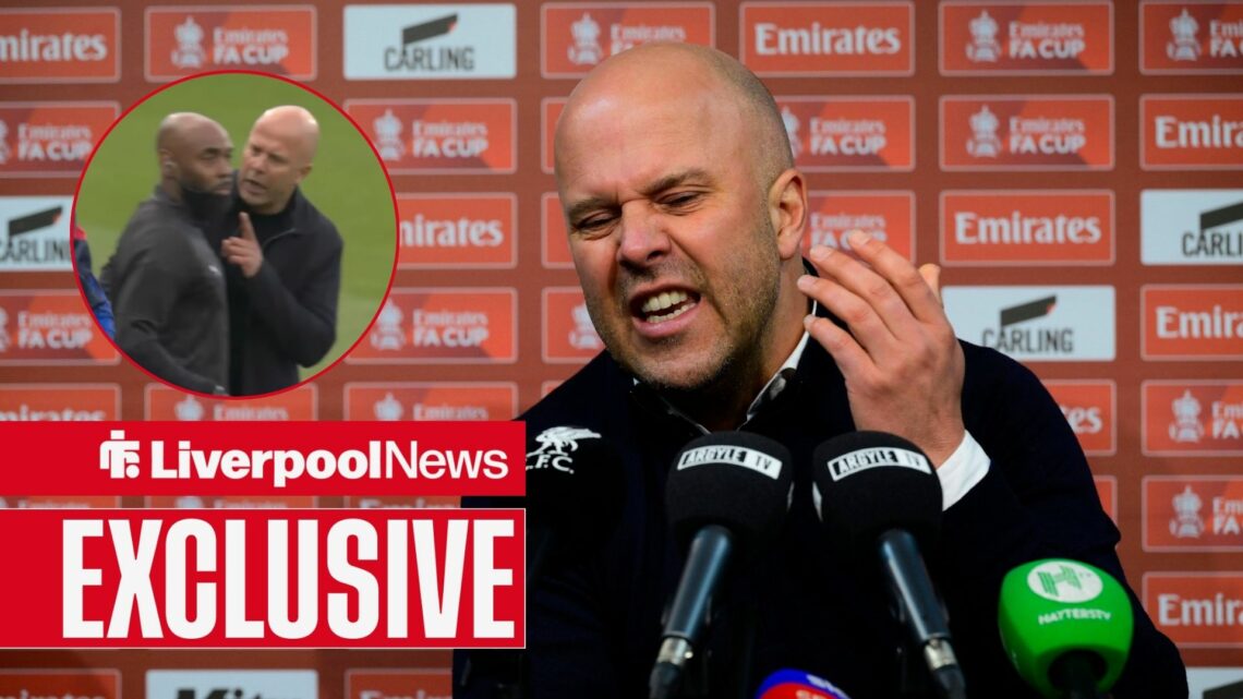 Liverpool manager Arne Slot looking furious, Slot arguing in inset.
