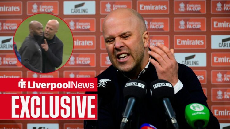 Liverpool manager Arne Slot looking furious, Slot arguing in inset.