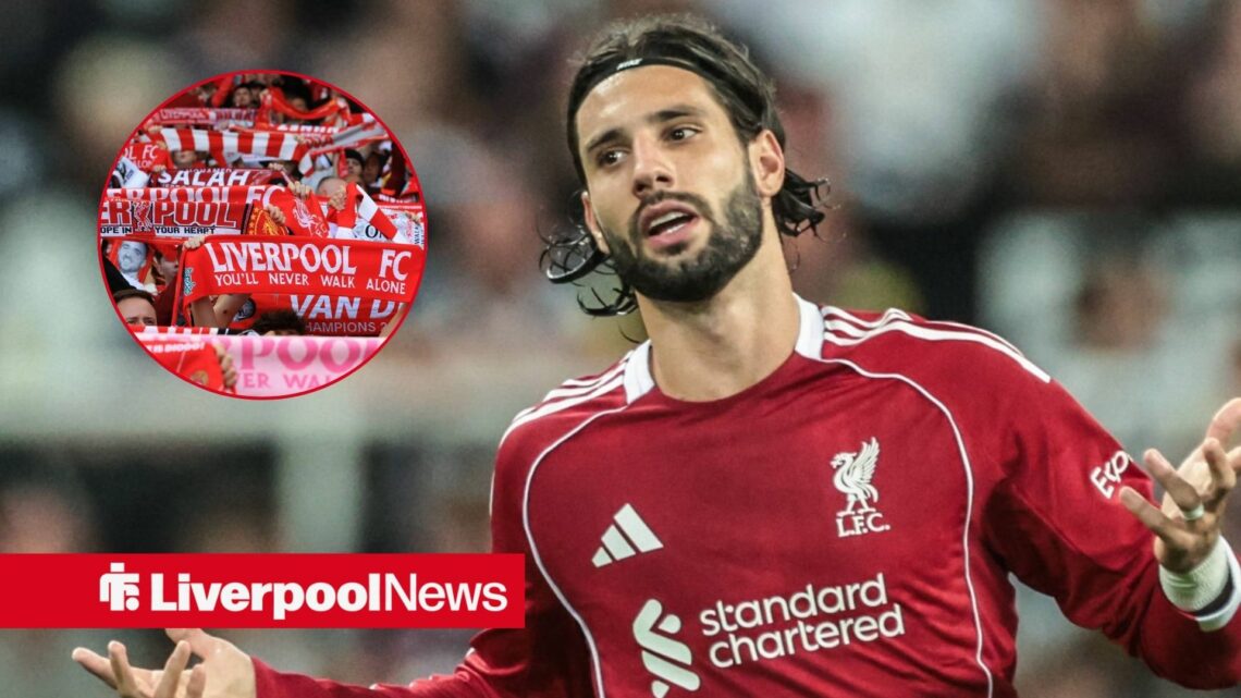 Liverpool star Dominik Szoboszlai in action, Anfield fans in inset.