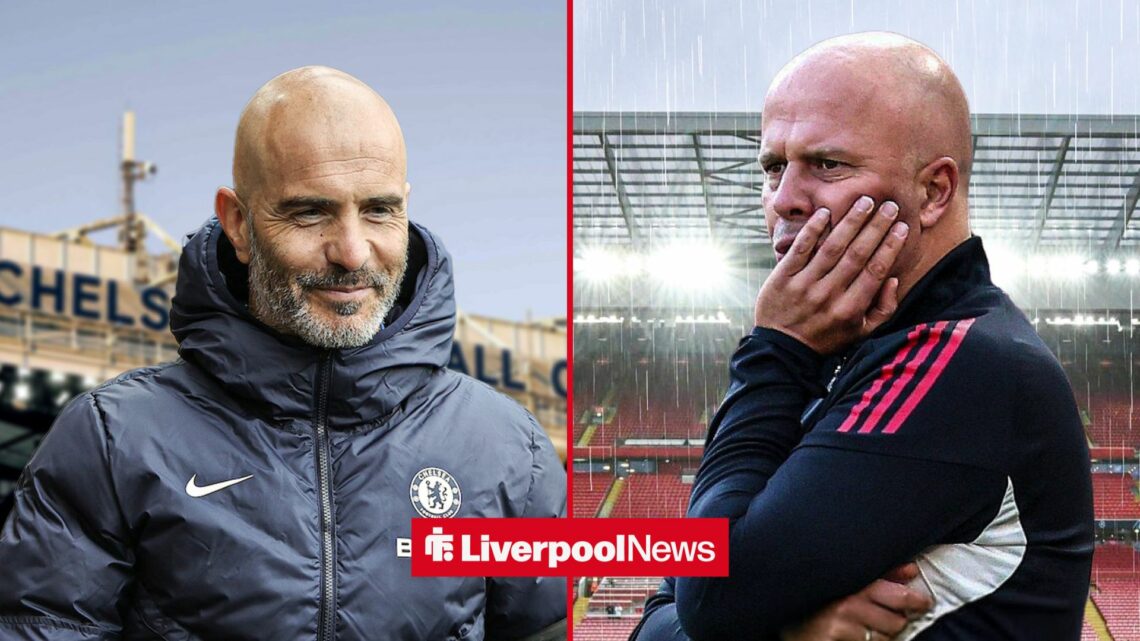 An image of Enzo Maresca looking happy, next to an image of Arne Slot looking depressed