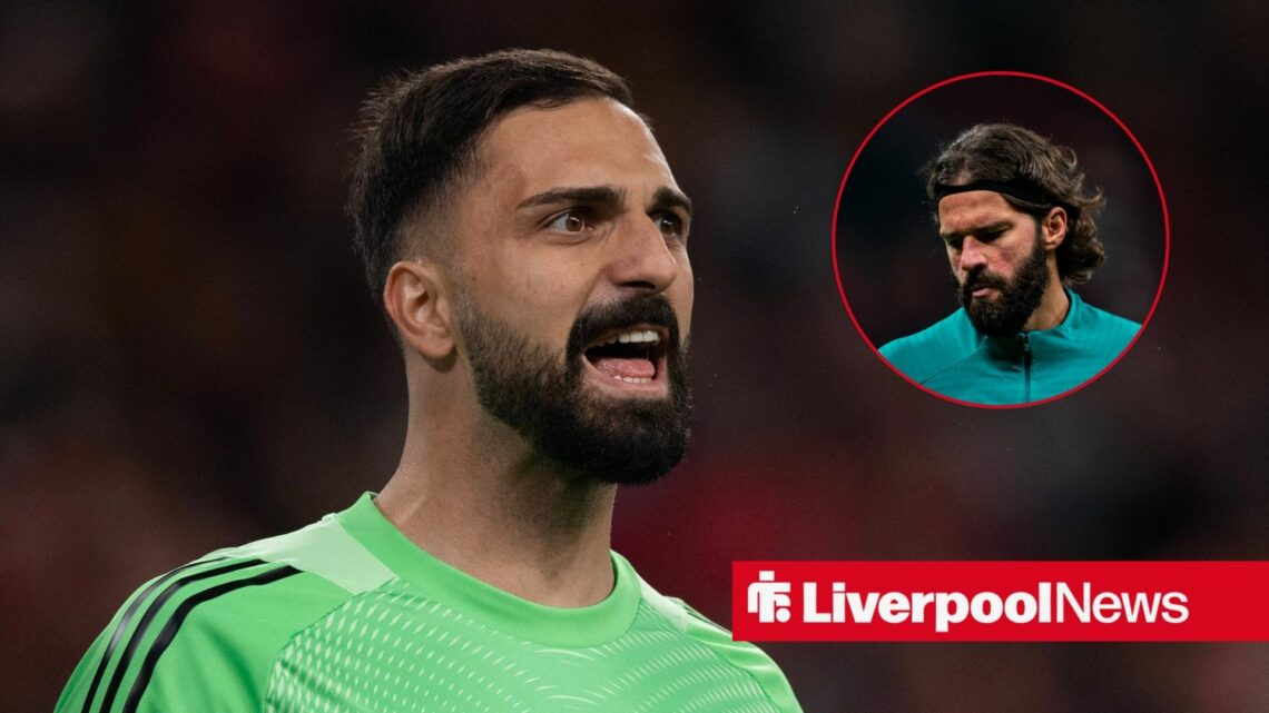 Liverpool goalkeeper Giorgi Mamardashvili looking happy, Alisson in inset.