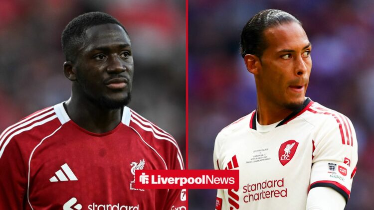 An image of Ibrahima Konate looking sad for Liverpool, next to an image of Virgil van Dijk looking annoyed while playing for Liverpool