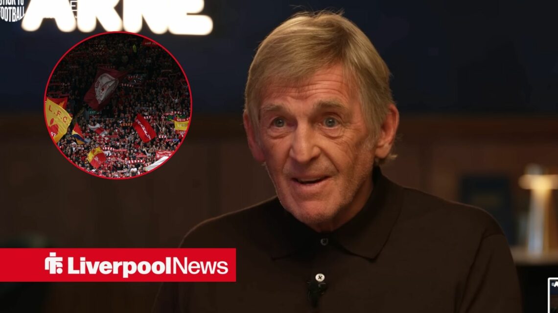 Kenny Dalglish looking happy, Liverpool fans in inset.