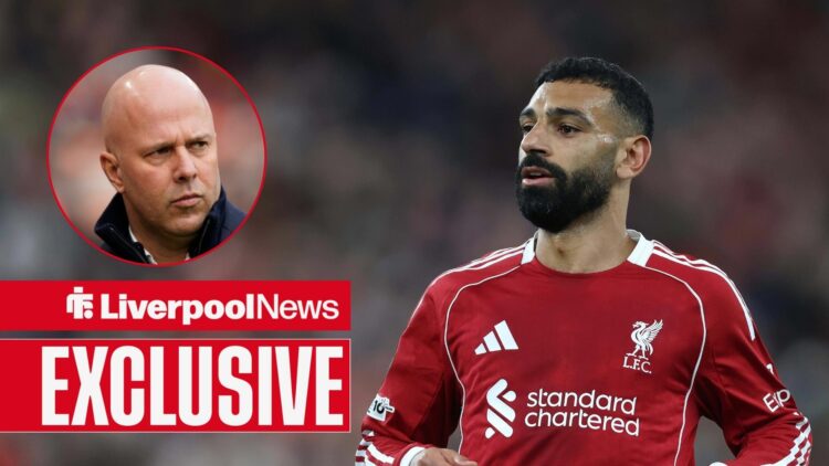 An image of Mohamed Salah playing for Liverpool, next to a circular inset of Arne Slot looking annoyed