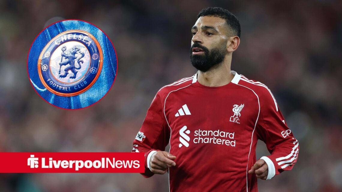 Liverpool star Mohamed Salah in action, Chelsea badge in inset.