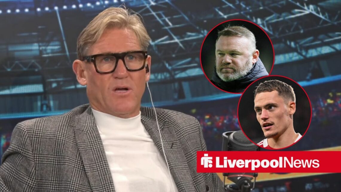 Simon Jordan looking angry, Liverpool star Florian Wirtz and Wayne Rooney in insets.
